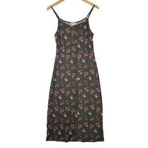 Girls Floral Button Front Midi Dress Green Pink Sleeveless Summer Casual Size 14